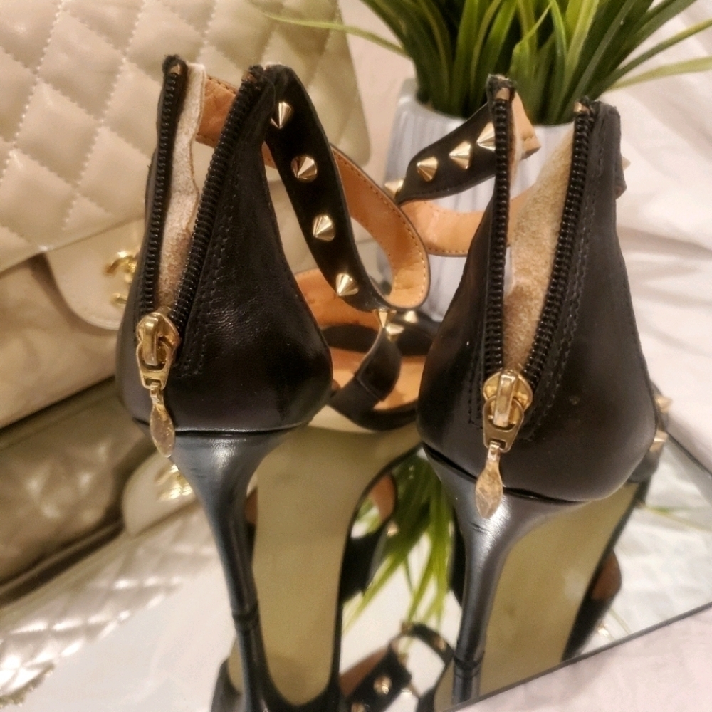 Le Château Spikey Studded Black And Gold Heels w/ Ankle Straps, & Zipper Closure - Picture 6 of 7